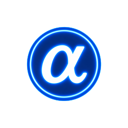 Alpha logo: a glowing lowercase alpha inside a ringed coin